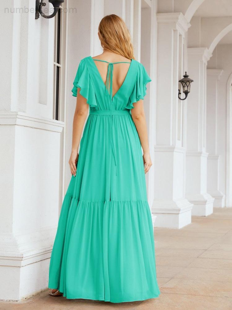 Numbersea Women's Open Back Formal Evening Party Prom Gowns V-Neck Long Chiffon Bridesmaid Dresses with Waist Belt 28038