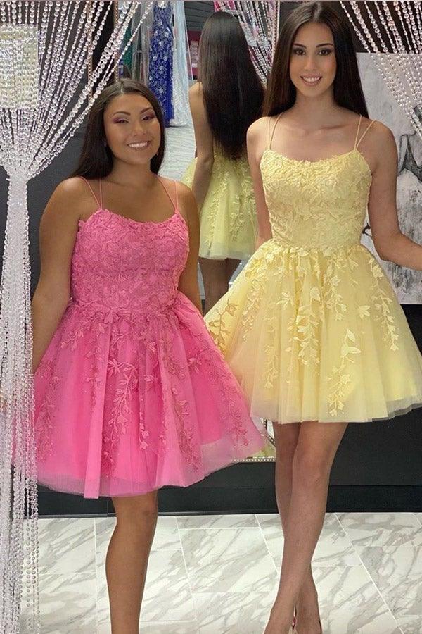 Straps Lace Applique Homecoming Dress Short Prom Dress