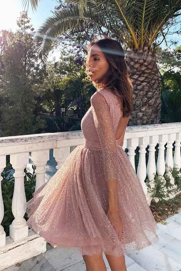 3/4 Sleeves Short Prom Dress Homecoming Dress with Open Back