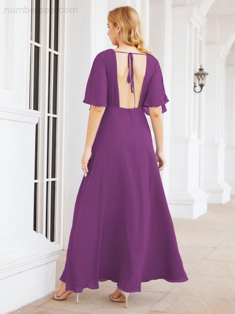 Numbersea V-Neck Bridesmaid Dress Chiffon Long Open Back Formal Dresses for Women Party Evening 28067