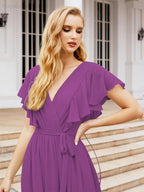 Numbersea Women's Open Back Formal Evening Party Prom Gowns V-Neck Long Chiffon Bridesmaid Dresses with Waist Belt 28038