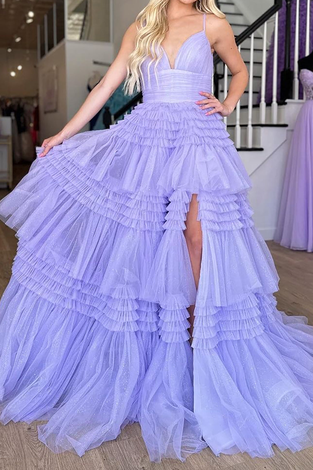A Line Spaghetti Straps Pink Long Prom Dress with Split