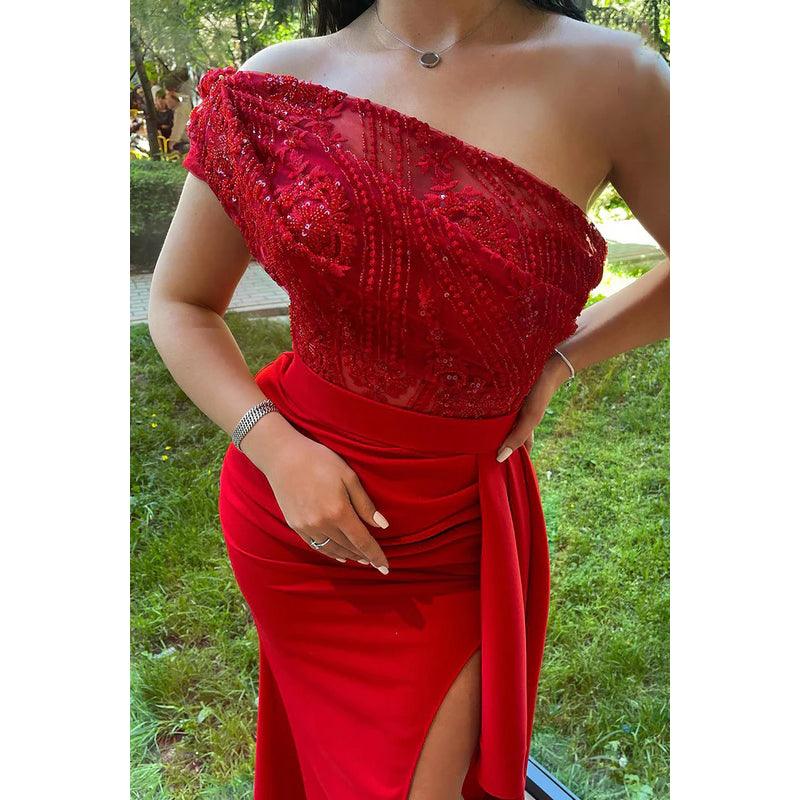 Elegant & Luxurious Off-Shoulder Cap Sleeves Side Slit Sheath Ruched Prom Dress