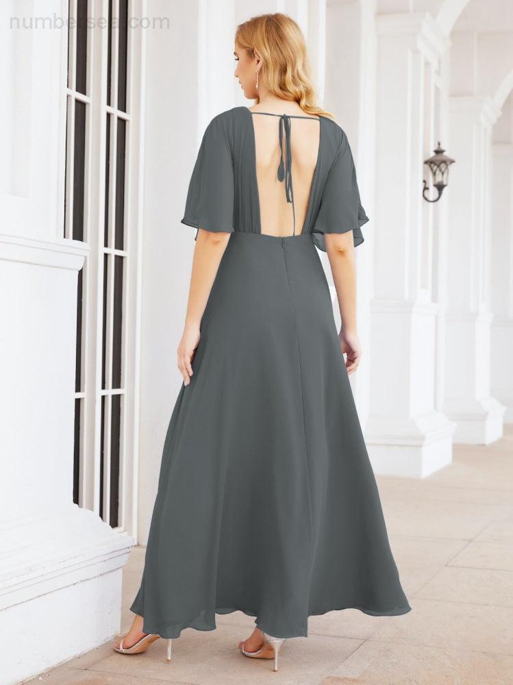 Numbersea V-Neck Bridesmaid Dress Chiffon Long Open Back Formal Dresses for Women Party Evening 28067