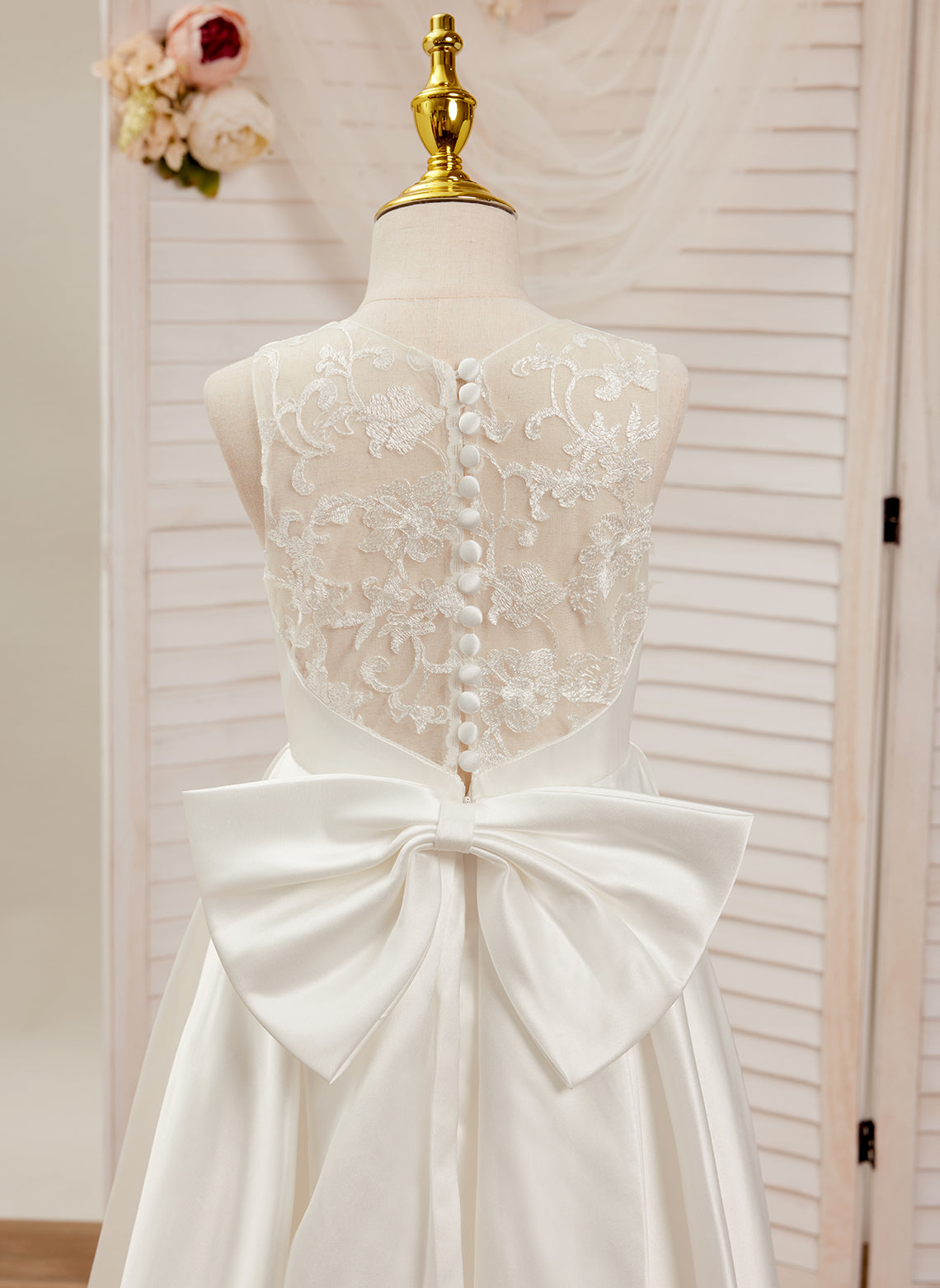 A-line Lace Satin Floor-length First Communion Flower Girl Dress