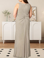 A-Line V-Neck Ruched Metallic Mesh Dress