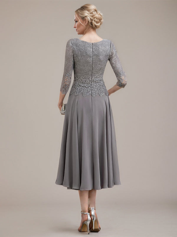 A-line Scoop Tea-Length Lace Chiffon Mother of the Bride Dress