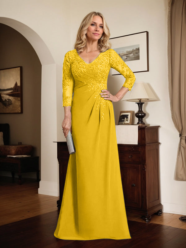 Sheath/Column V-Neck Illusion Floor-Length Lace Chiffon Mother of the Bride Dress With Pleated Sequins