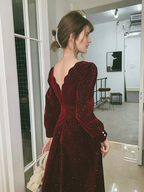 Velvet Long Sleeves Party Dress V-neckline Prom Dress Evening Dress