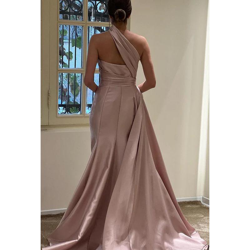 Sheath/Column One Shoulder Satin Pleats Sleeveless Party Dress