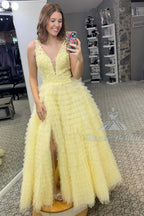 Plunge V Ruffle Tiered Long Prom Dress with Slit