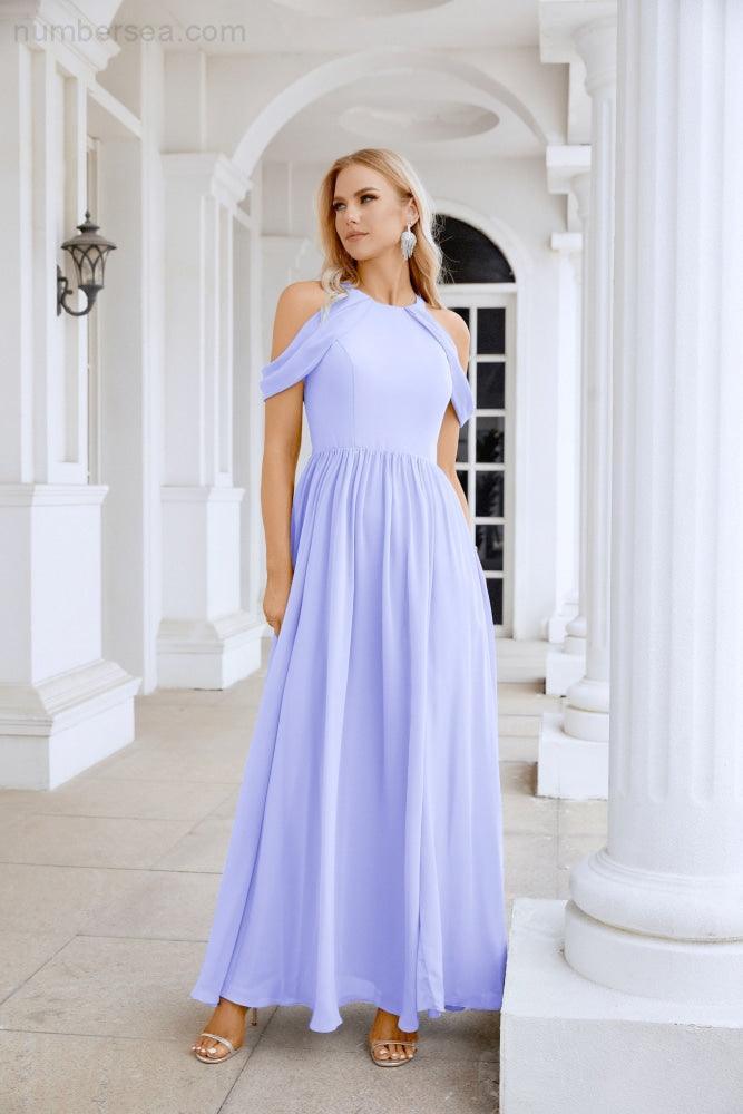 Ladies Chiffon Off Shoulder Swing Sleeve Front Slit Bridesmaid Evening Dress Wedding Party Evening Dress 28117
