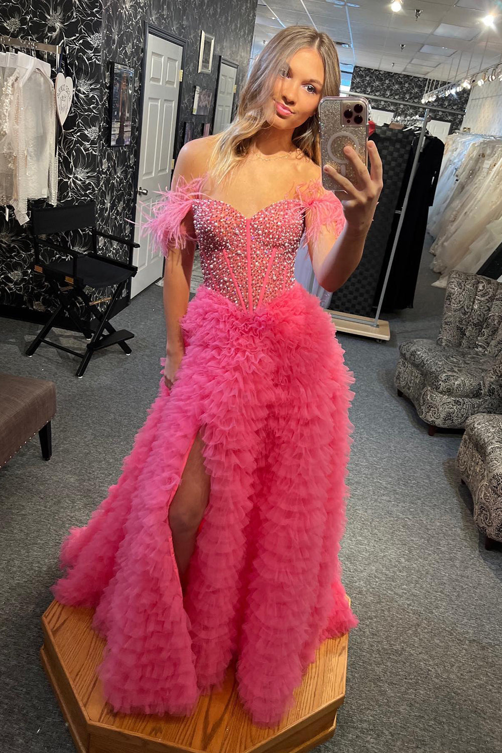 Off the Shoulder Tulle Tiered A-Line Long Corset Prom Dress with Beading