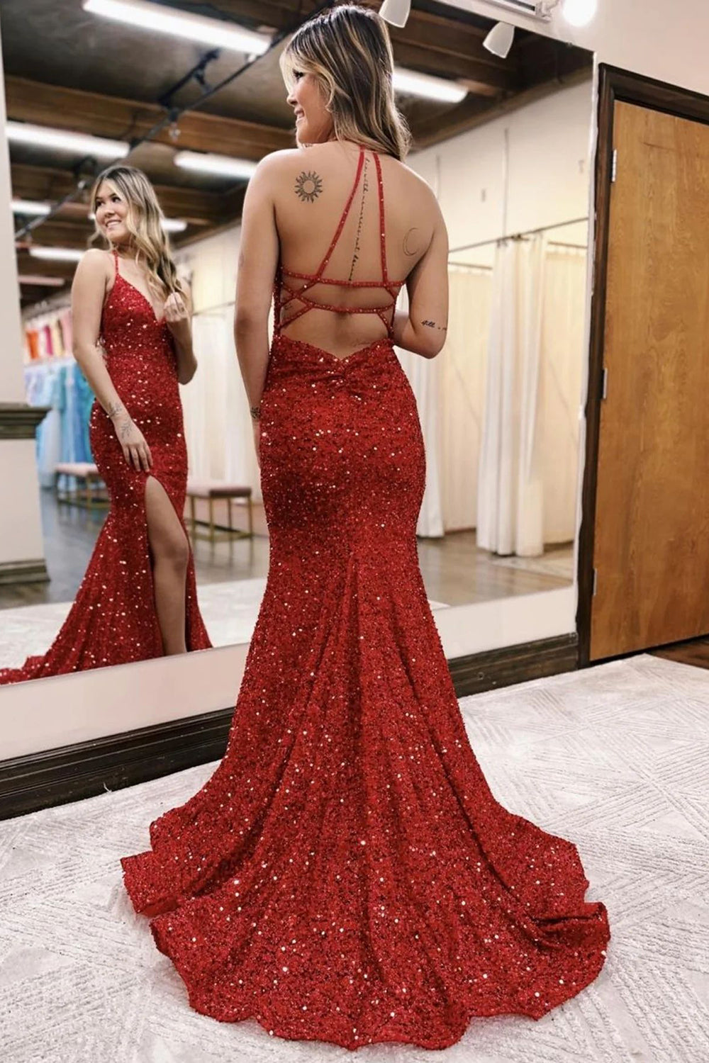 Mermaid Halter Sequins Long Prom Dress with Silt