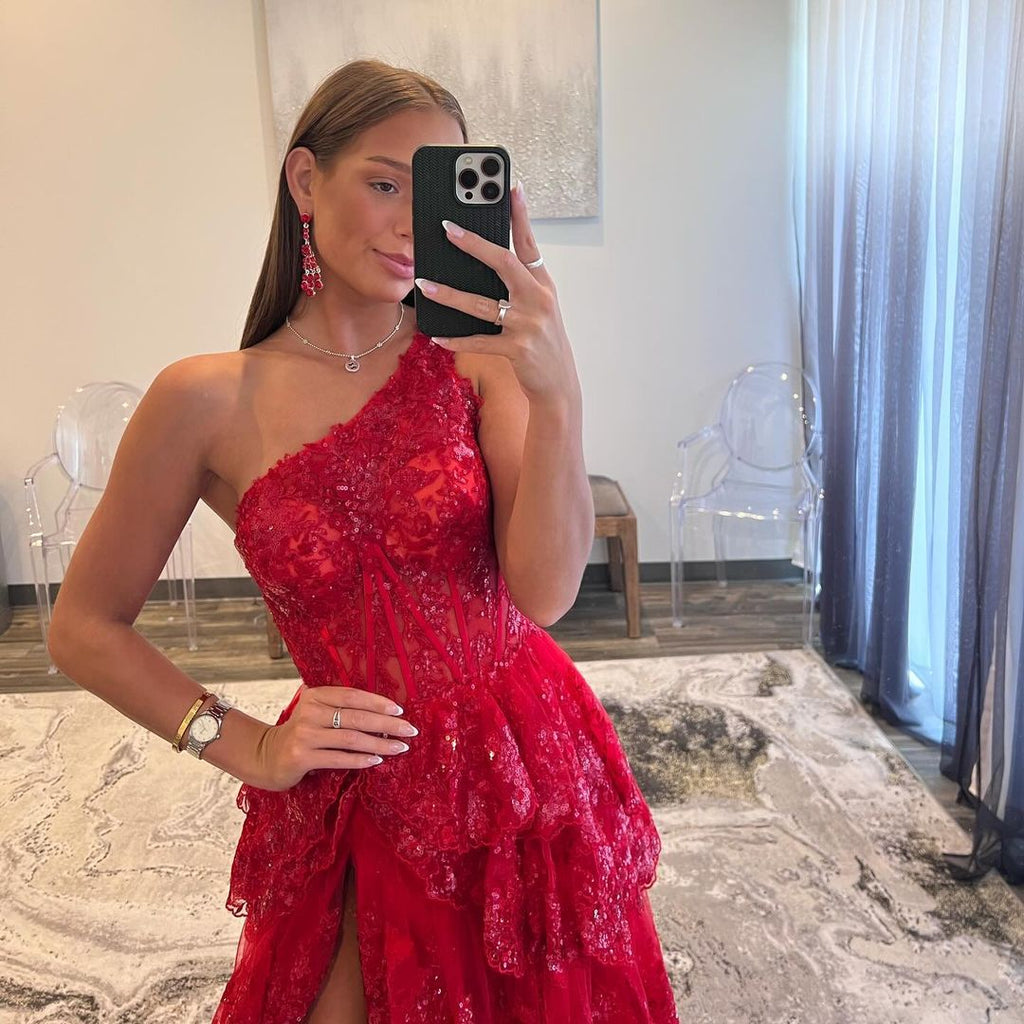 Sheath One Shoulder Tiered Lace Long Prom Dress