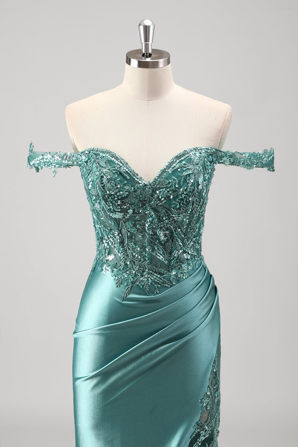 Mermaid Satin Off the Shoulder Long Corset Prom Dress with Appliques