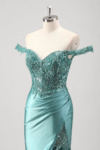 Mermaid Satin Off the Shoulder Long Corset Prom Dress with Appliques