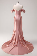 Blush Spaghetti Straps Ruched Mermaid Satin Long Prom Dress with Sequins