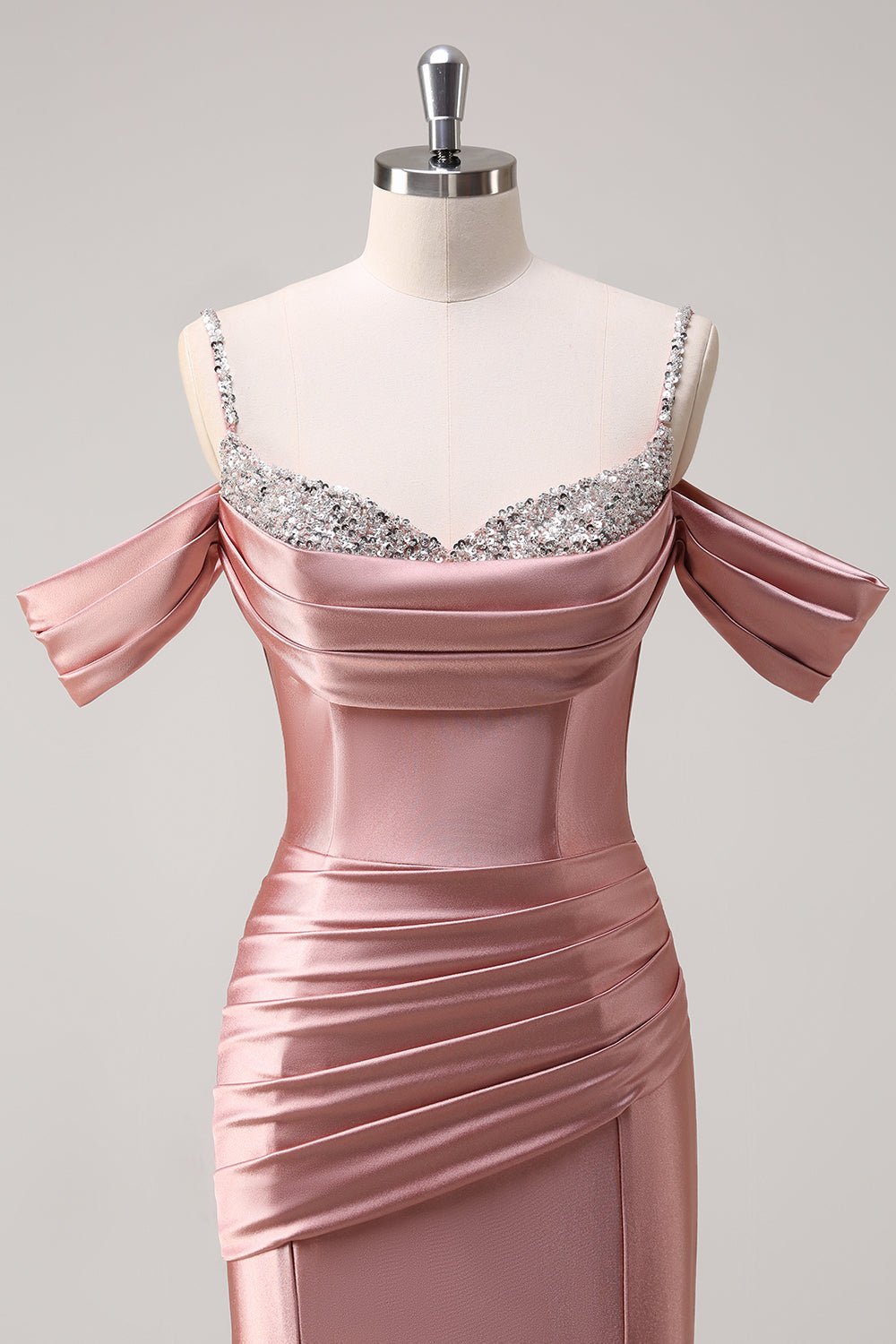 Blush Spaghetti Straps Ruched Mermaid Satin Long Prom Dress with Sequins