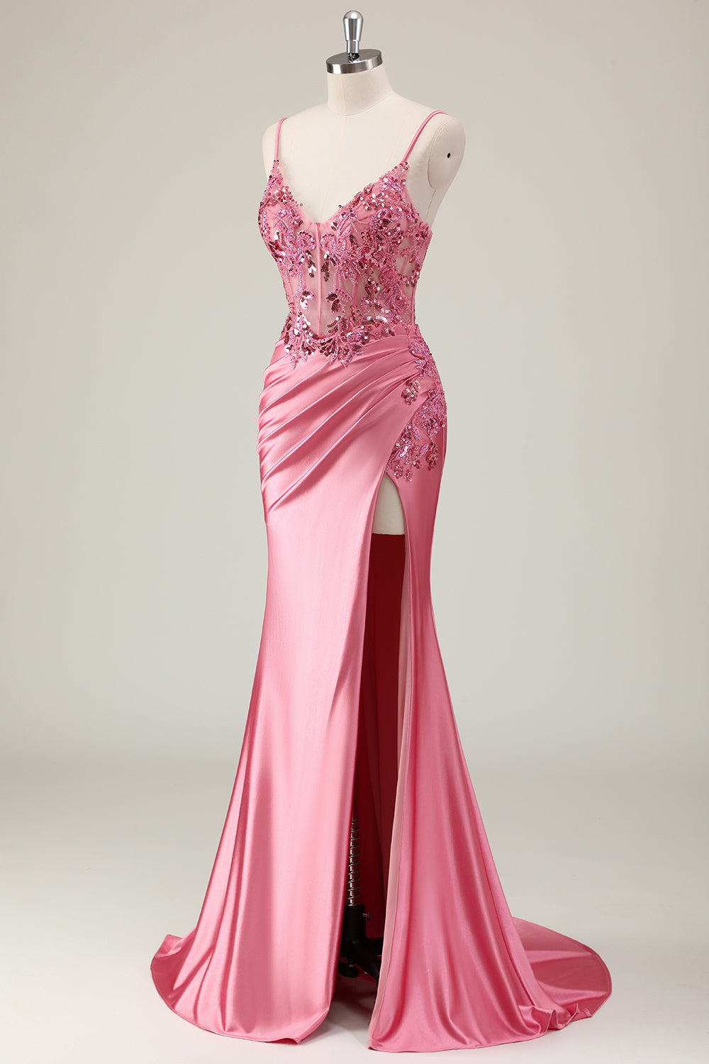 Coral Spaghetti Straps Satin Beaded Mermaid Long Prom Dress with Slit