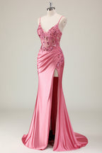 Coral Spaghetti Straps Satin Beaded Mermaid Long Prom Dress with Slit