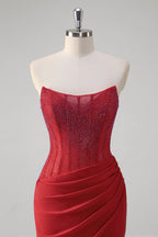 Mermaid Strapless Satin Long Corset Prom Dress with Beading