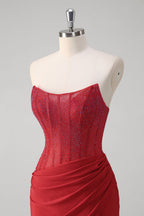 Mermaid Strapless Satin Long Corset Prom Dress with Beading