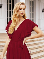 Numbersea Women's Open Back Formal Evening Party Prom Gowns V-Neck Long Chiffon Bridesmaid Dresses with Waist Belt 28038