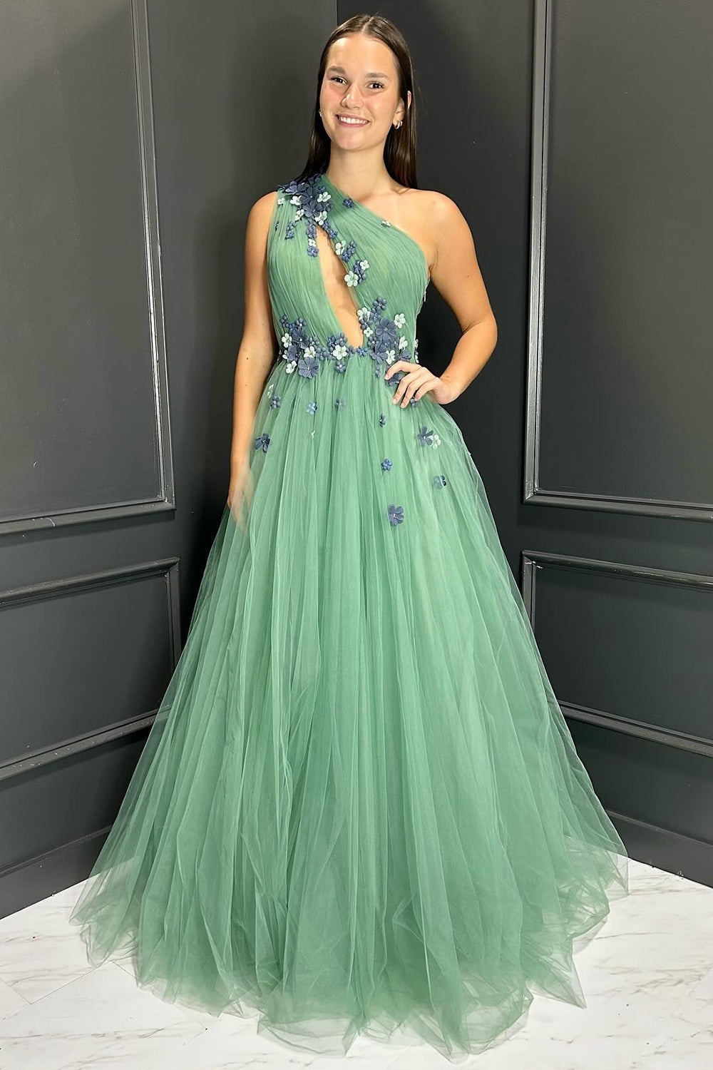 One Shoulder A-Line Tulle Long Prom Dress with 3D Flowers