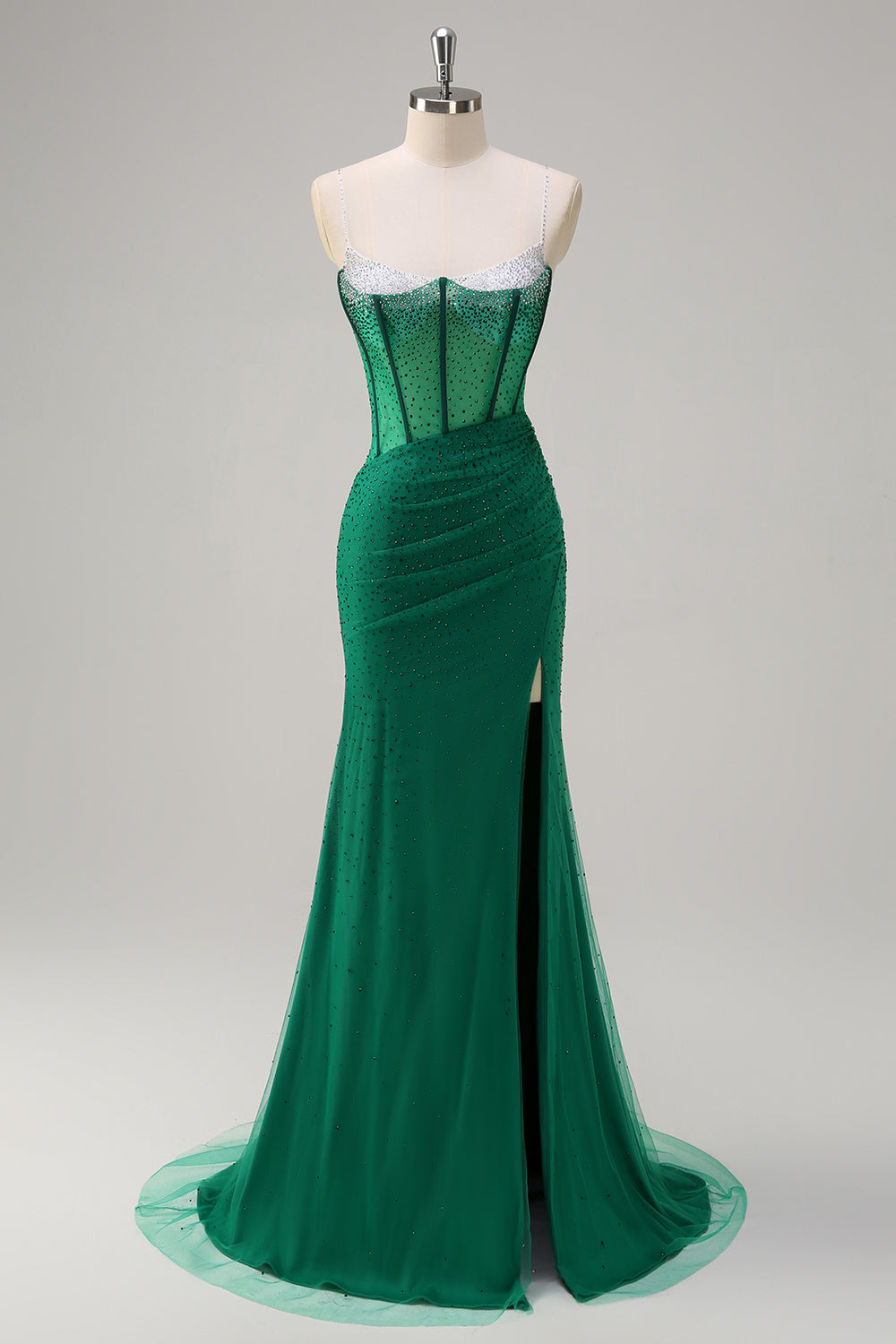 Glitter Royal Blue Spaghetti Straps Beaded Mermaid Long Corset Prom Dress with Slit