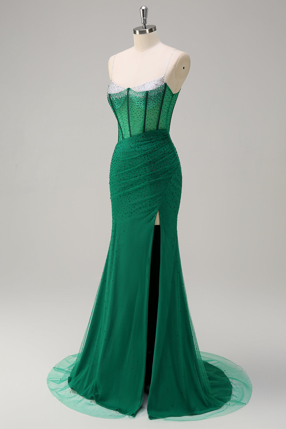 Glitter Royal Blue Spaghetti Straps Beaded Mermaid Long Corset Prom Dress with Slit
