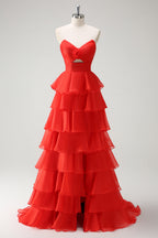 Orange Sweetheart Ruffled Long Prom Dress with Slit