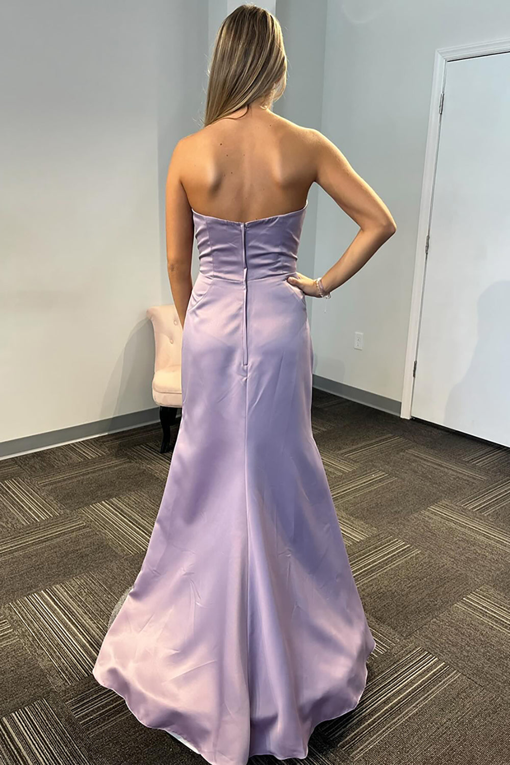 Elegant Satin Mermaid Strapless Long Prom Dress with Slit