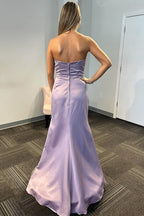 Elegant Satin Mermaid Strapless Long Prom Dress with Slit