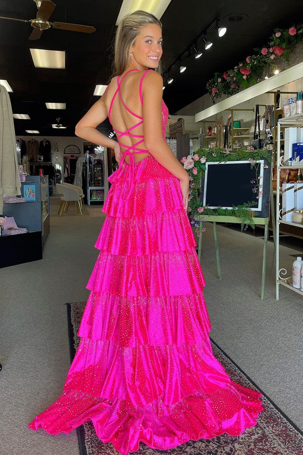 Glitter Spaghetti Straps A-Line Beaded Ruffled Long Prom Dress with Slit