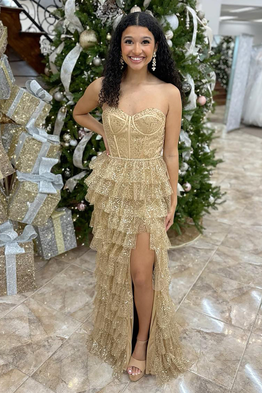 Glitter Gold Sequins Sweetheart Tulle Tiered Long Corset Prom Dress with Slit