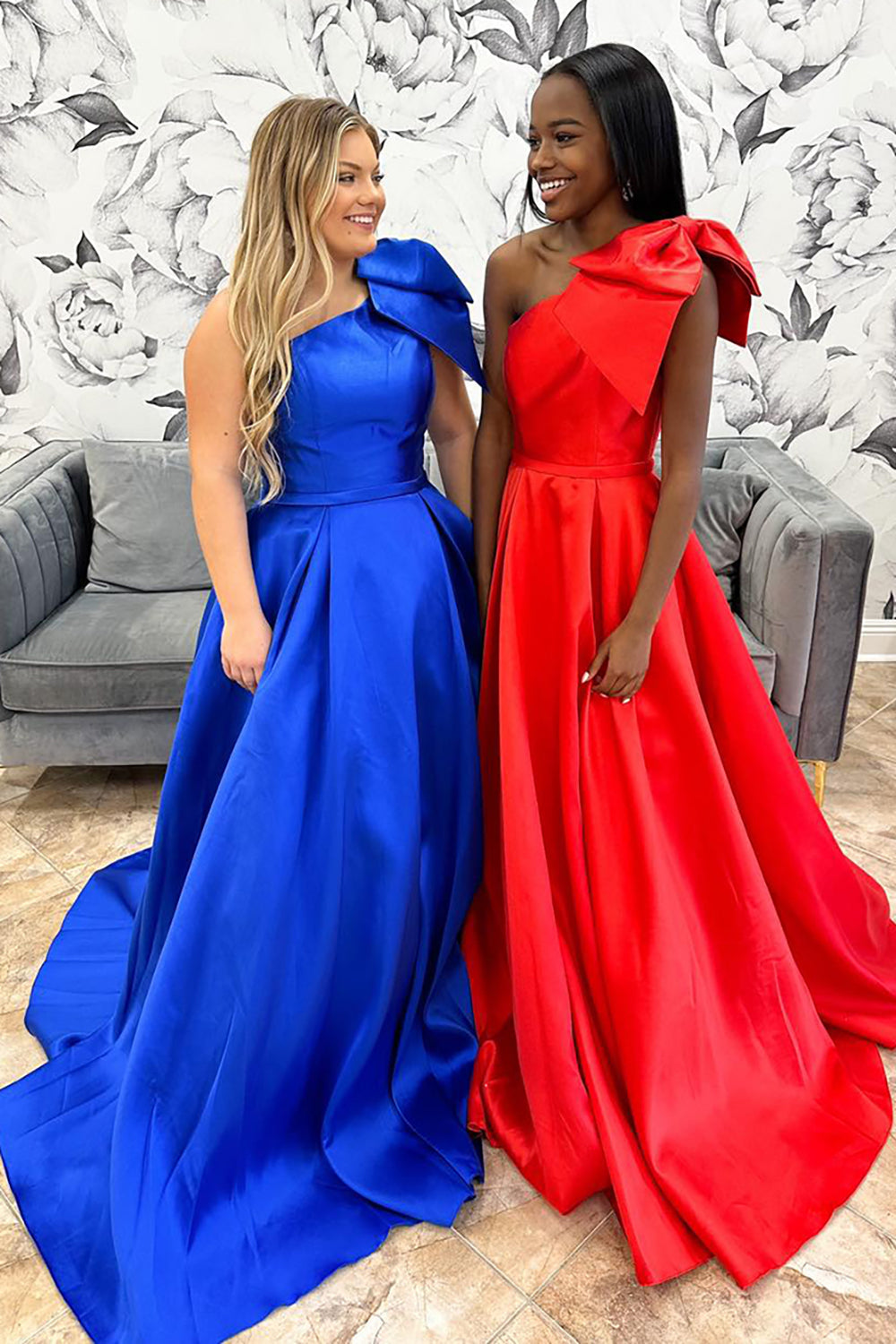 One Shoulder Princess Satin Long Prom Dress with Bow