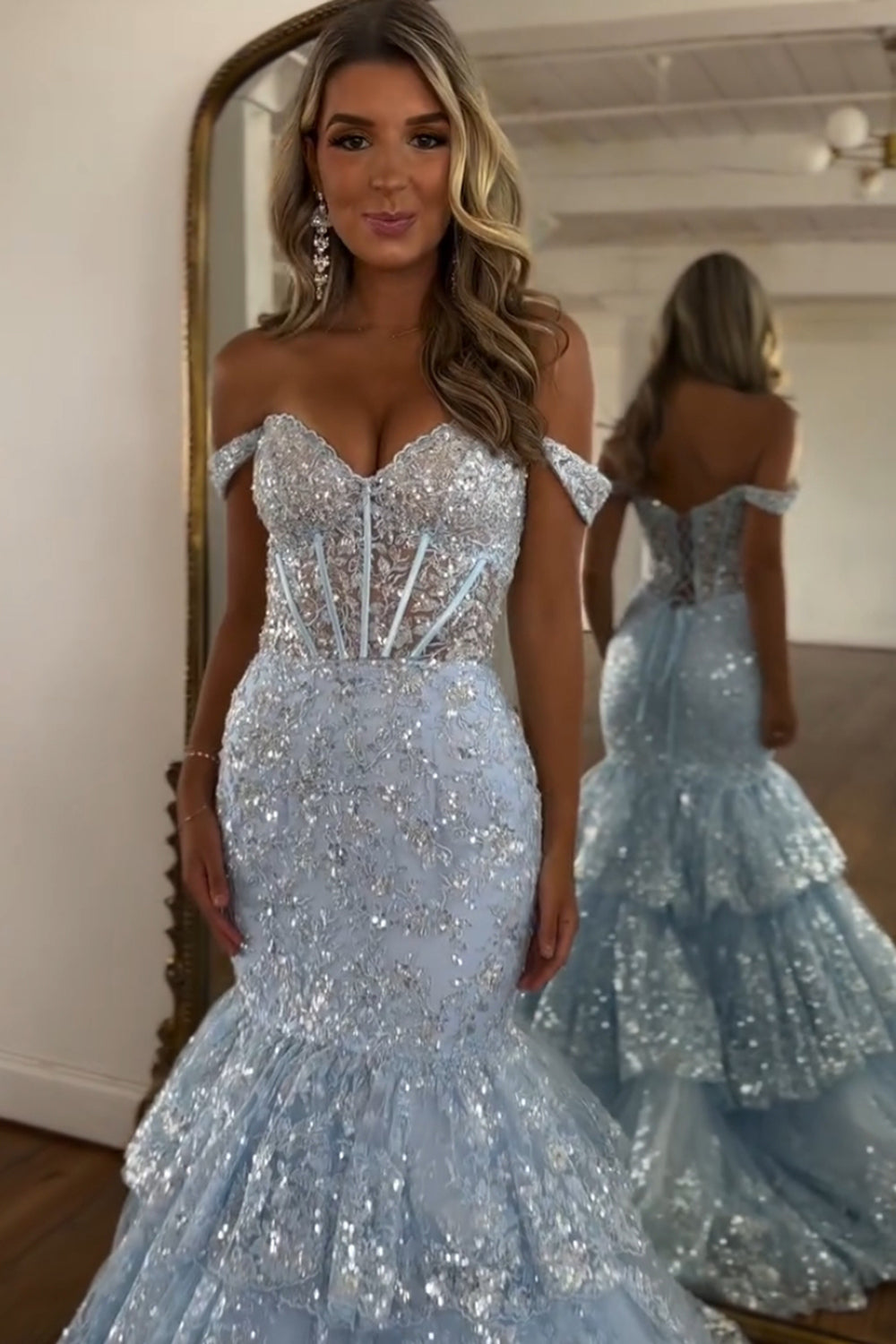 Mermaid Off the Shoulder Tulle Tiered Long Corset Prom Dress with Sequins