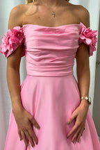 Off the Shoulder Satin A-Line Long Prom Dress with 3D Flowers