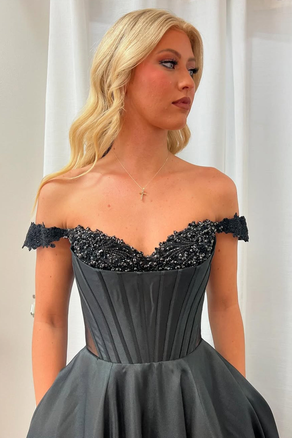 Off the Shoulder Princess Satin Long Corset Prom Dress with Beading