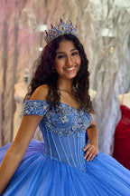 Sparkly Blue Off the Shoulder Ball Gown Tulle Quinceanera Dress with Beading