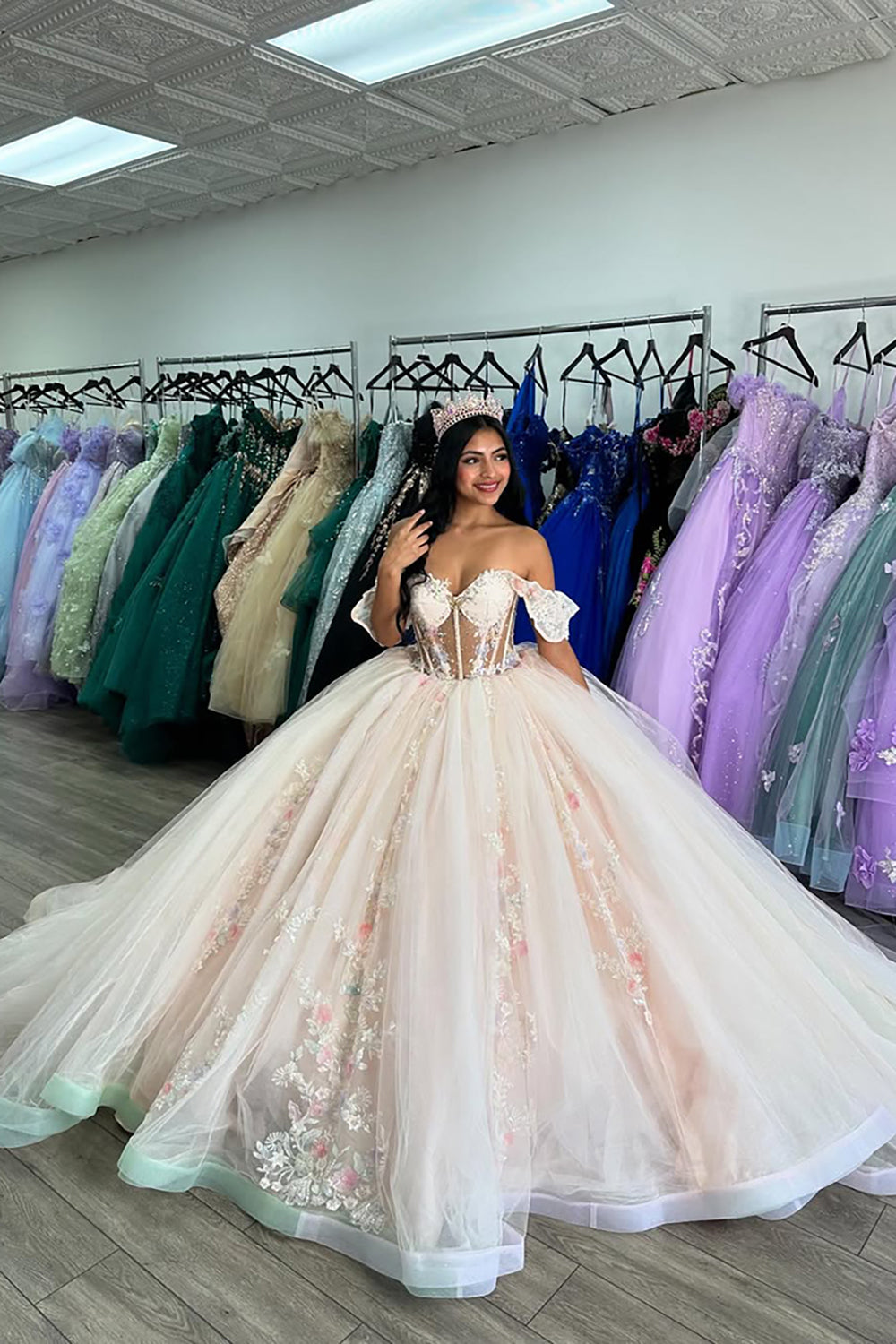 Beige Ball Gown Off the Shoulder Corset Quinceanera Dress with Appliques