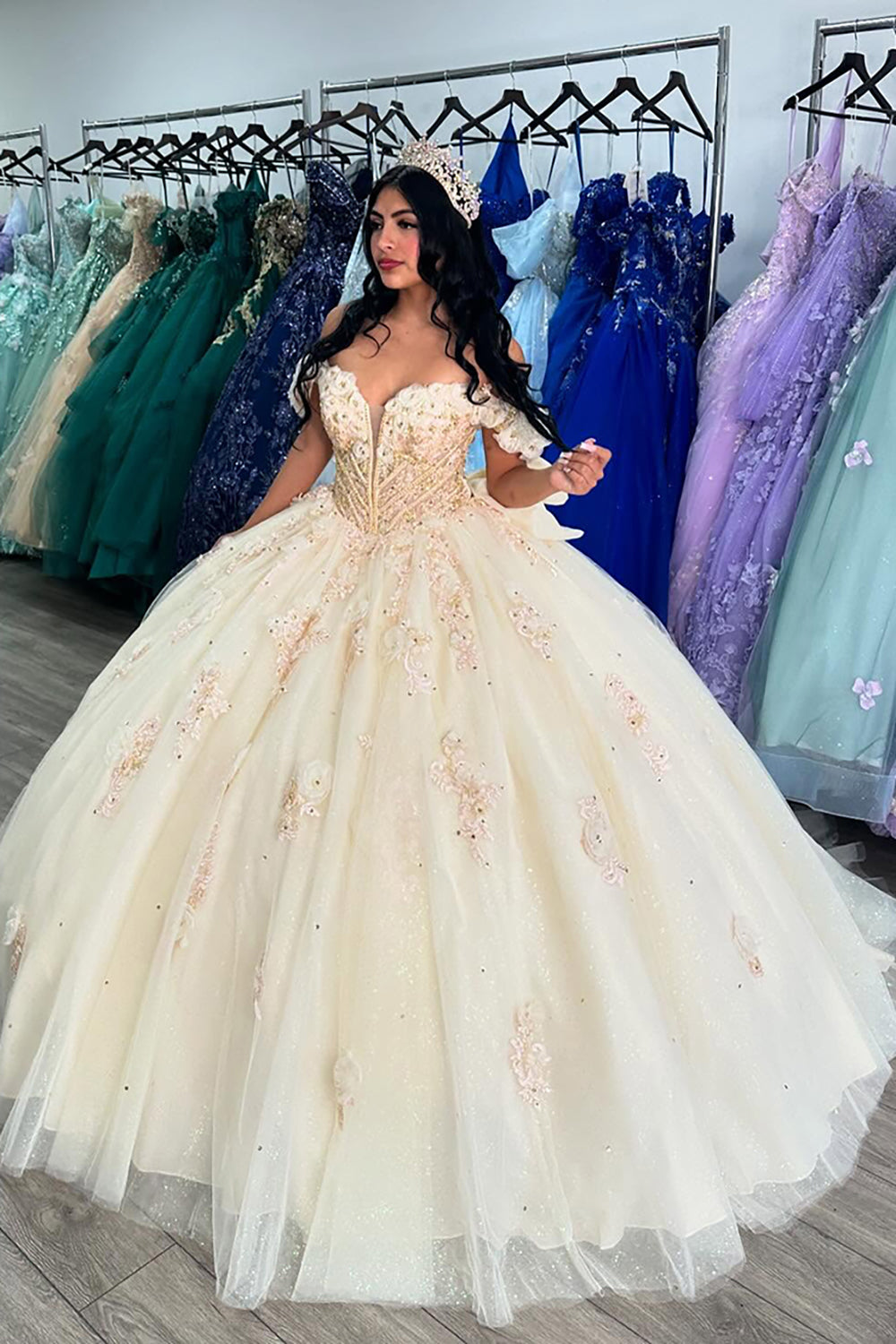 Sparkly Beige Off the Shoulder Ball Gown Applique Corset Quinceanera Dress with Bow