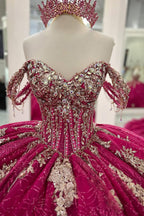 Fuchsia Off the Shoulder Princess Appliqued Quinceanera Dress with Train
