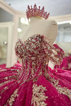 Fuchsia Off the Shoulder Princess Appliqued Quinceanera Dress with Train
