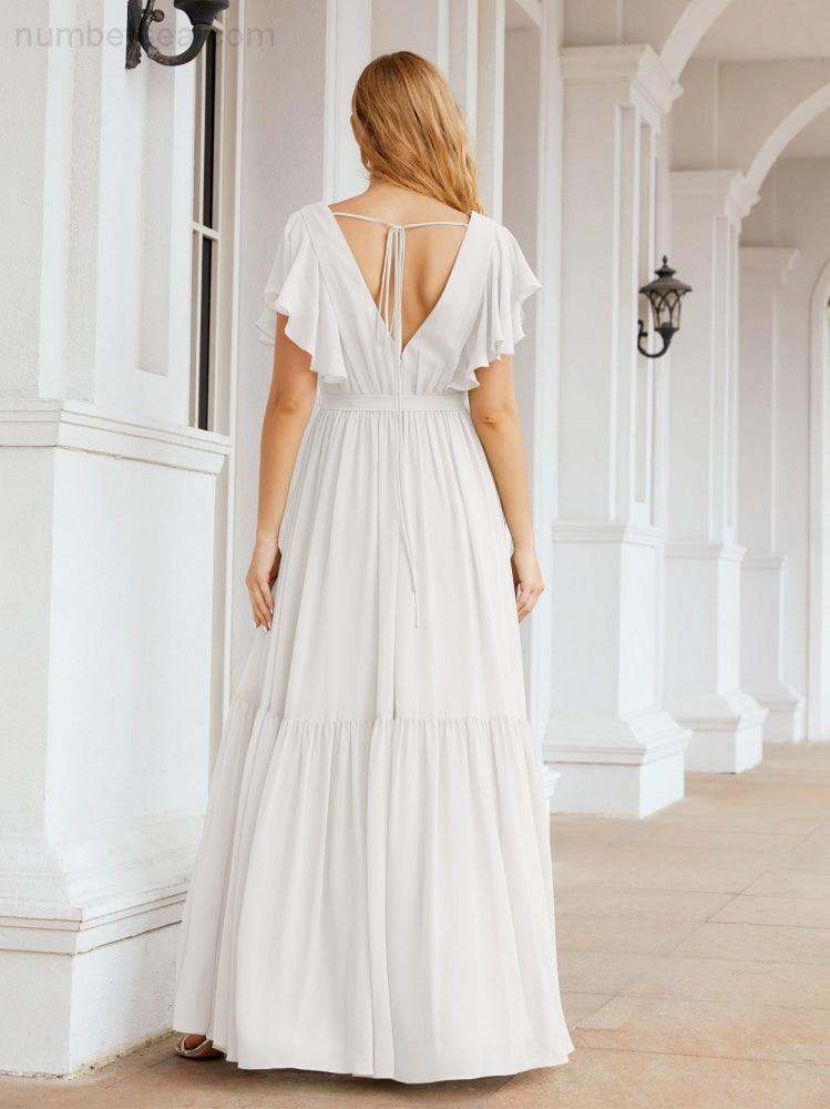 Numbersea Women's Open Back Formal Evening Party Prom Gowns V-Neck Long Chiffon Bridesmaid Dresses with Waist Belt 28038
