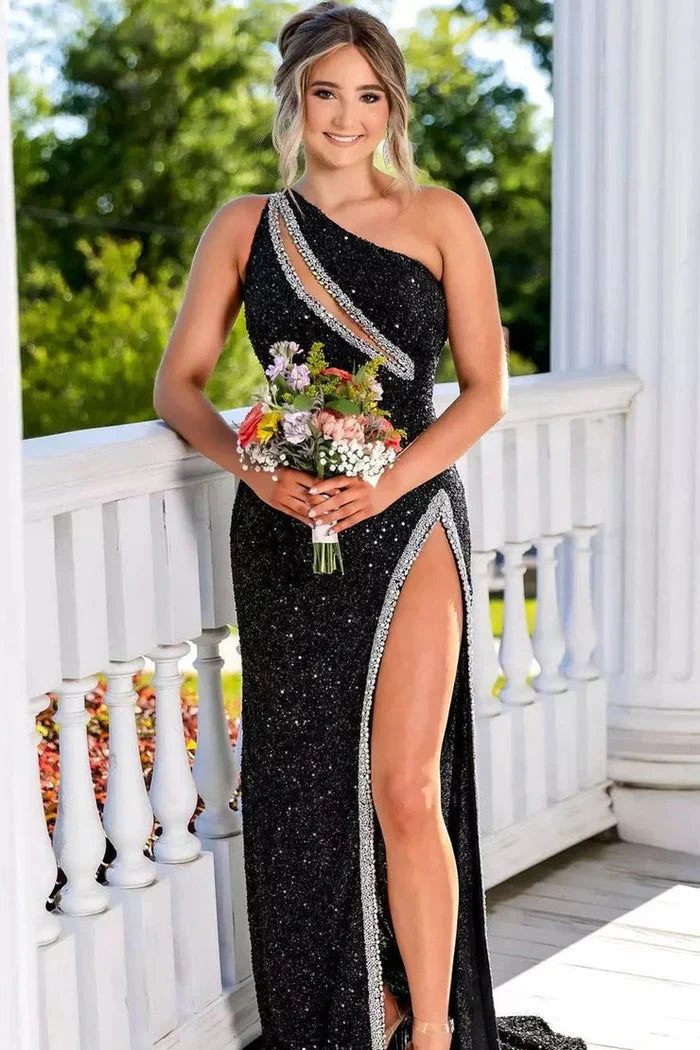 One Sholder Sequins Mermaid Prom Dresses with Slit
