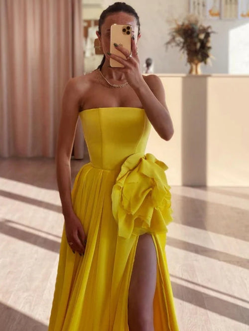 A-Line Strapless High Split Pleated Sleeveless Long Prom Party Dress
