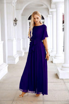 Ladies Chiffon Sleeve Crew Neck Front Slit Floor Length Bridesmaid Evening Dress Wedding Party Evening Dress 28124