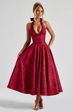 Tulle plunging halterneck and tie-back floral jacquard midi ball gown